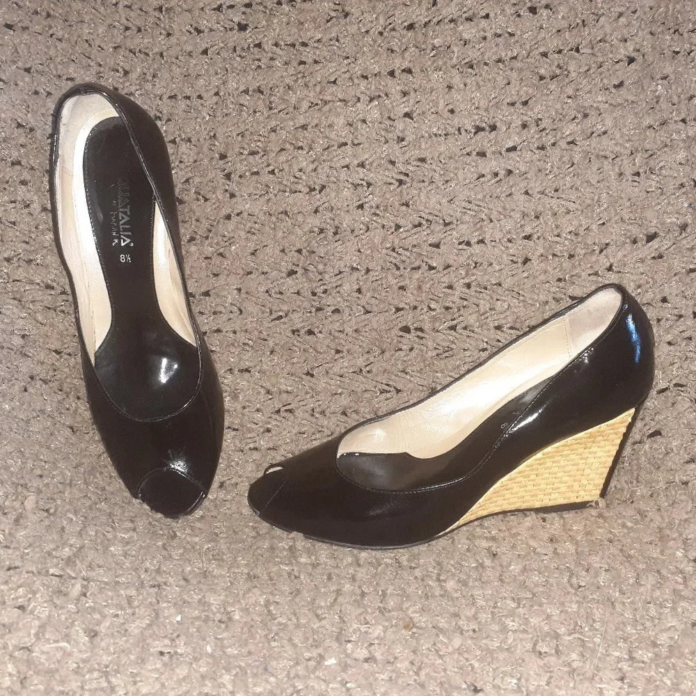 AQUATALIA-Black Patent Leather Bamboo Woven Wedge-Sz 8.5-Excellent